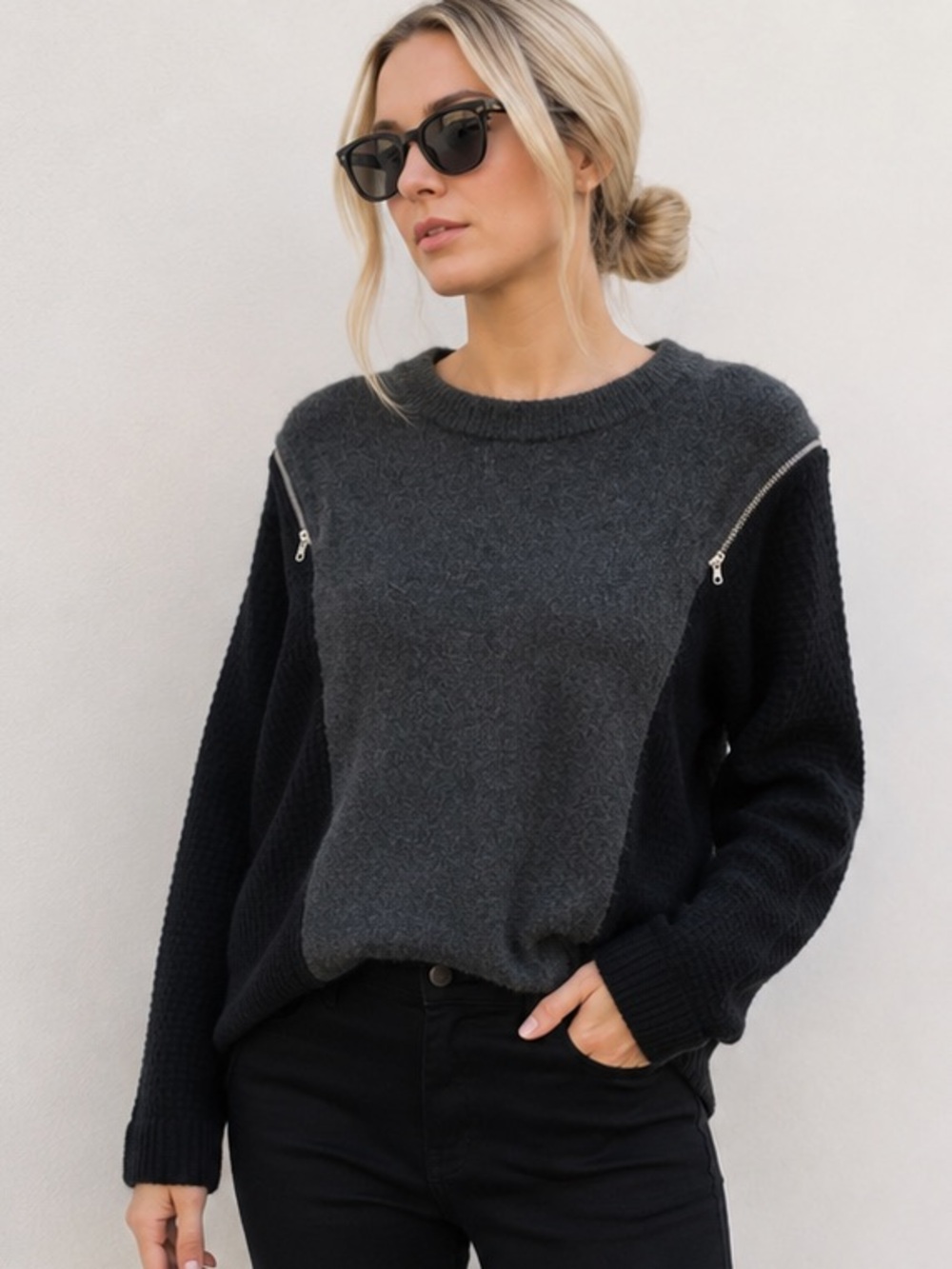 Elan Gray & Black Colorblock Sweater Silver Shoulder Zippers Size M